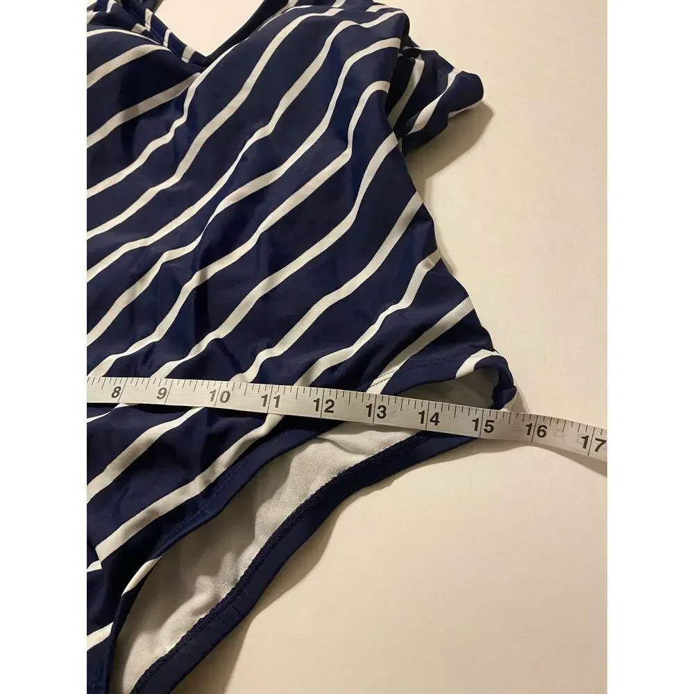 Kona Sol Women’s Dark Navy Blue/White Striped One-Piece Swimsuit Size Medium